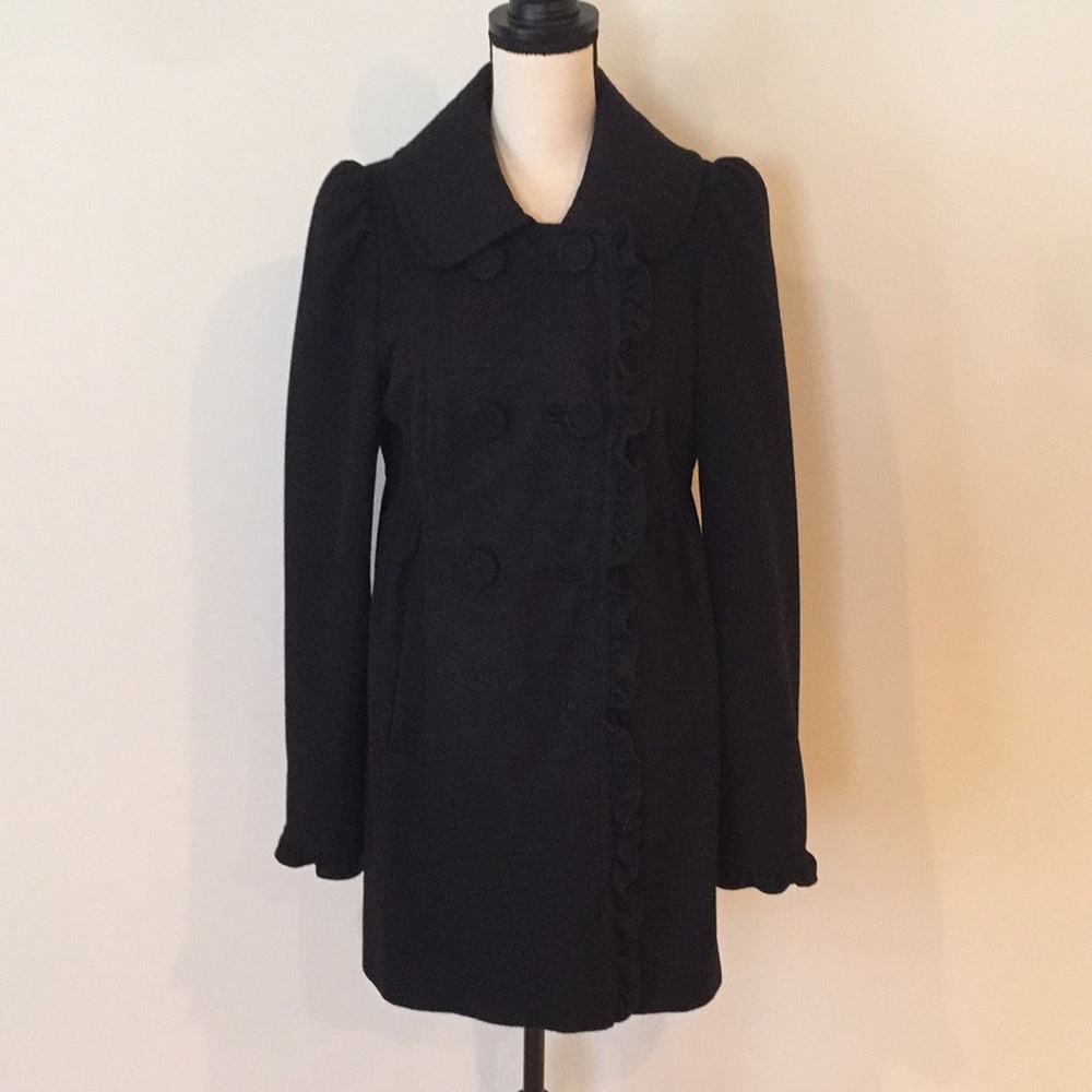 Black Button Ruffled Front Coat With Side Pockets - image 2
